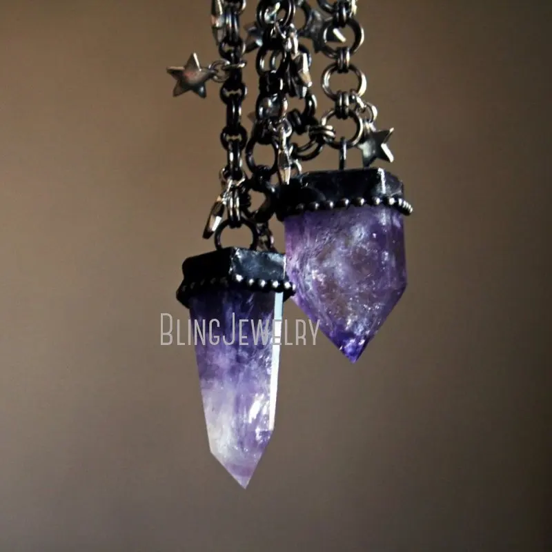 NM43214 Amethyst Polished Point Crystal Tower Star Chainmaille Necklace Purple   Obelisk Talisman 