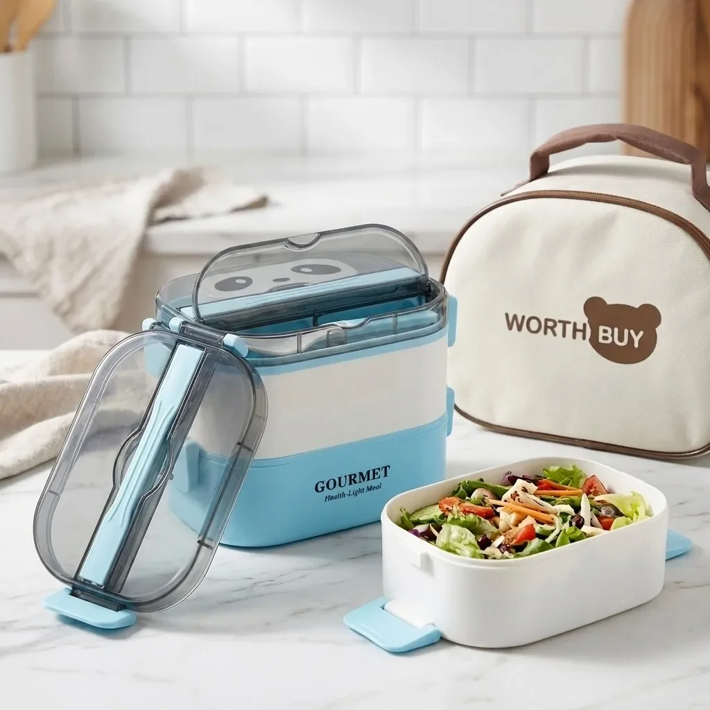 Microwavable Panda Bento Lunch Box Set 1/2 Layer Plastic Food Storage Containers with Salad Snack Box Cutlery for Kids Students