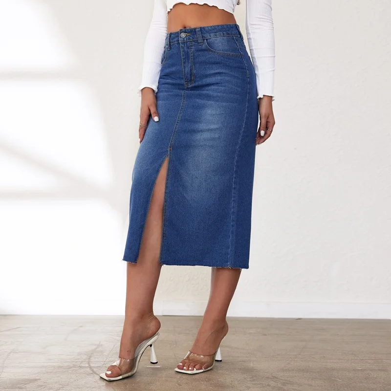 

Women Fashion Denim Skirts Washed High Waisted Retro Split Long Skirt 2024 Woman Clothing Solid Streetwear Cowboy Mid-calf Skirt