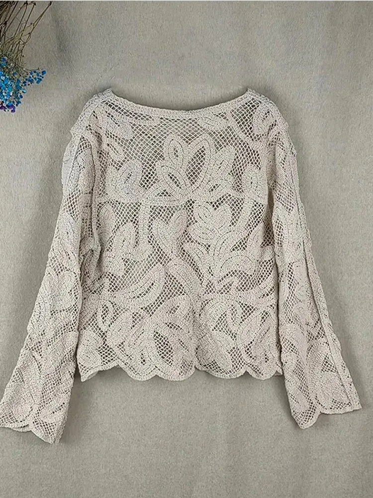 Elegant Solid Crochet Hook Hollowed Out Cardigan Women Lapel Long Sleeved Single Breast Knit Top Summer Female High Streetwear