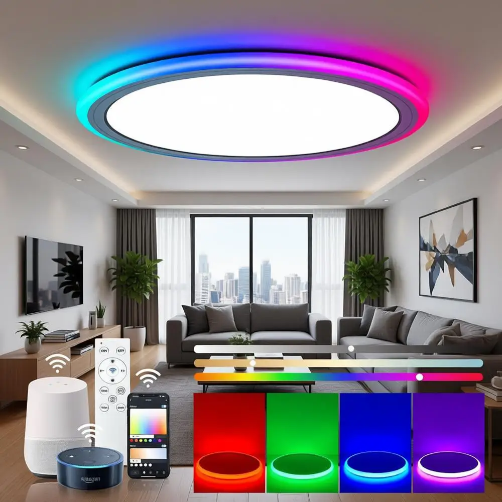 

Светодиодный потолочный светильник RGB с пультом дистанционного управления, 13-дюймовый, 24 Вт, с регулируемой яркостью и изменением цвета, проводной, работает с приложением Alexa Home