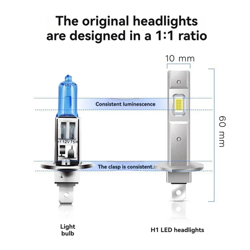 

A02Q-2Pcs Car H1 Headlight Bulbs Super Bright Car Led Lamp Bulb 12V 25W Wireless Car LED Plug&Play 6500K