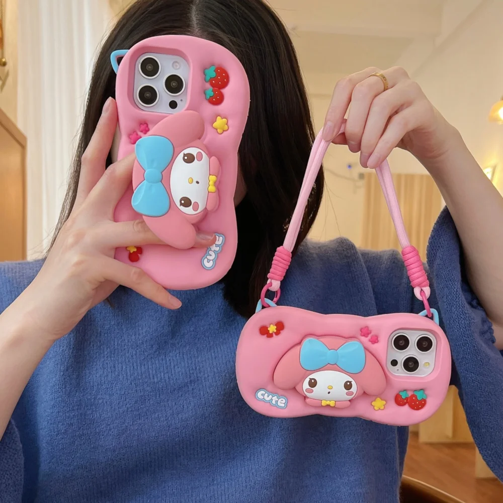 

Чехол Kawaii Sanrio Melody 15 Pro Max для iPhone 16 15 14 13 Pro Max 3D Melody Face Grip Tok Holder Cartoon Silicon Soft Cover