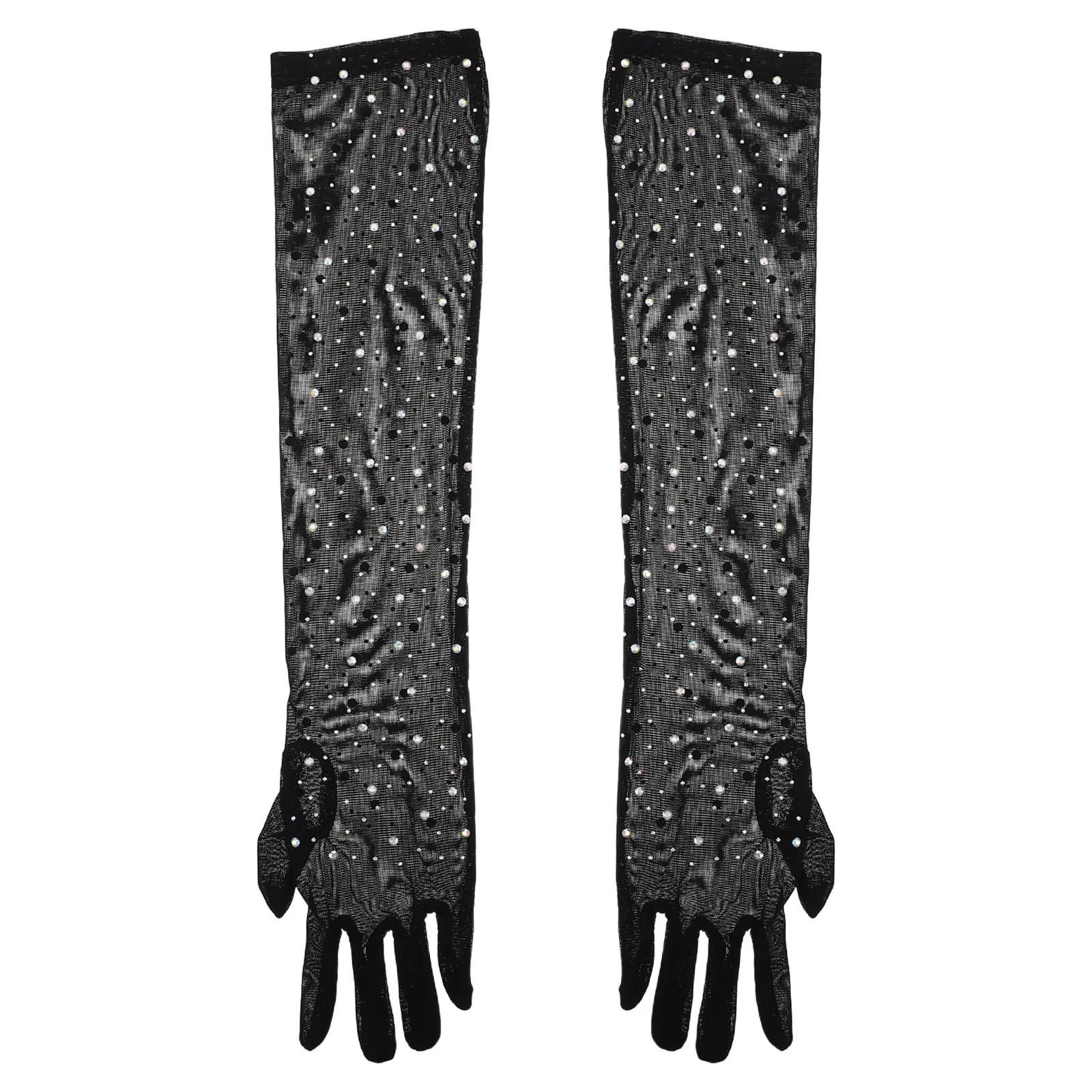 

1Pair Stretchy Sparkly Rhinestone Gloves Black Mesh Tulle for Women Bridal Evening Wedding Halloween Rave Party Supplies