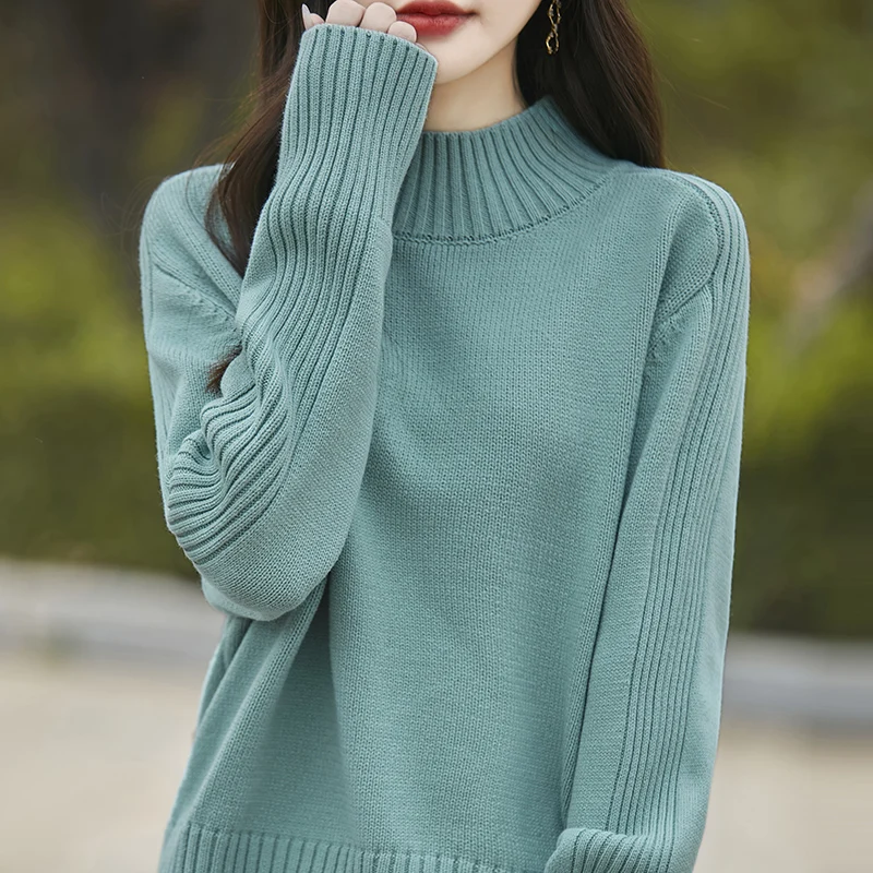 

Женский вязаный свитер из 100% чистого хлопка, осенне-зимний новый пуловер с полувысоким воротником, повседневный свободный женский топ в Корейском стиле
