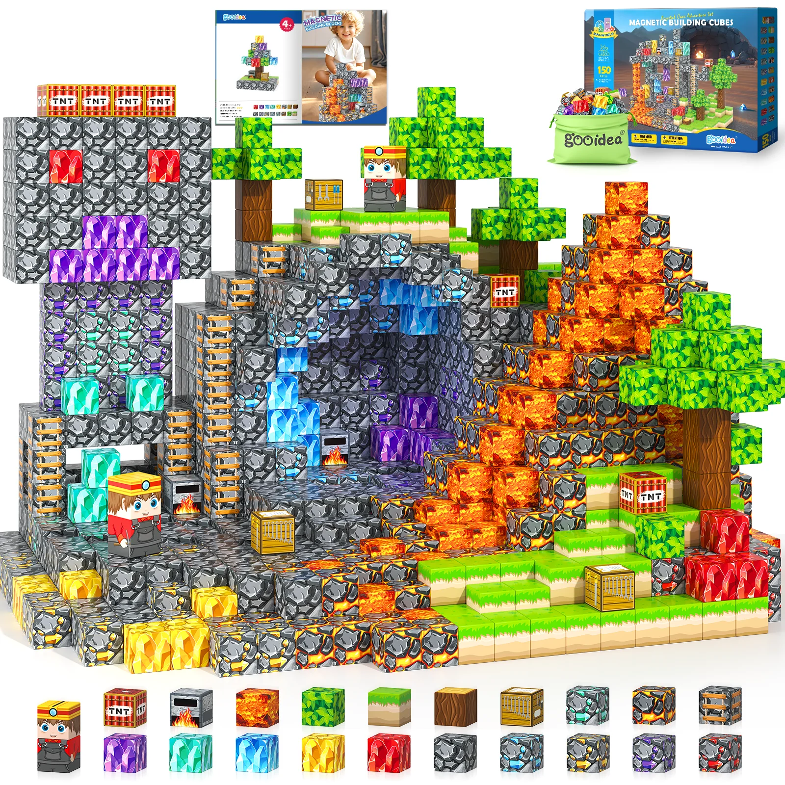 Magnetic Blocks -150 Magnetic Building Blocks STEM Toy, Stacking Mine Magnet World Craft Cubes for Kids, Game Gift for Boys Girls Age 3-5 5-7 4-8 8-12
