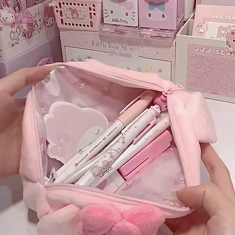 Sanrio Melody-estuche de lápices de gran capacidad, bolsa de cosméticos de felpa para niñas, suministros de papelería para estudiantes