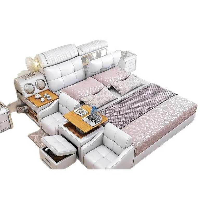 

Nordic modern minimalist function Bluetooth speaker with storage master bedroom cowhide double bed