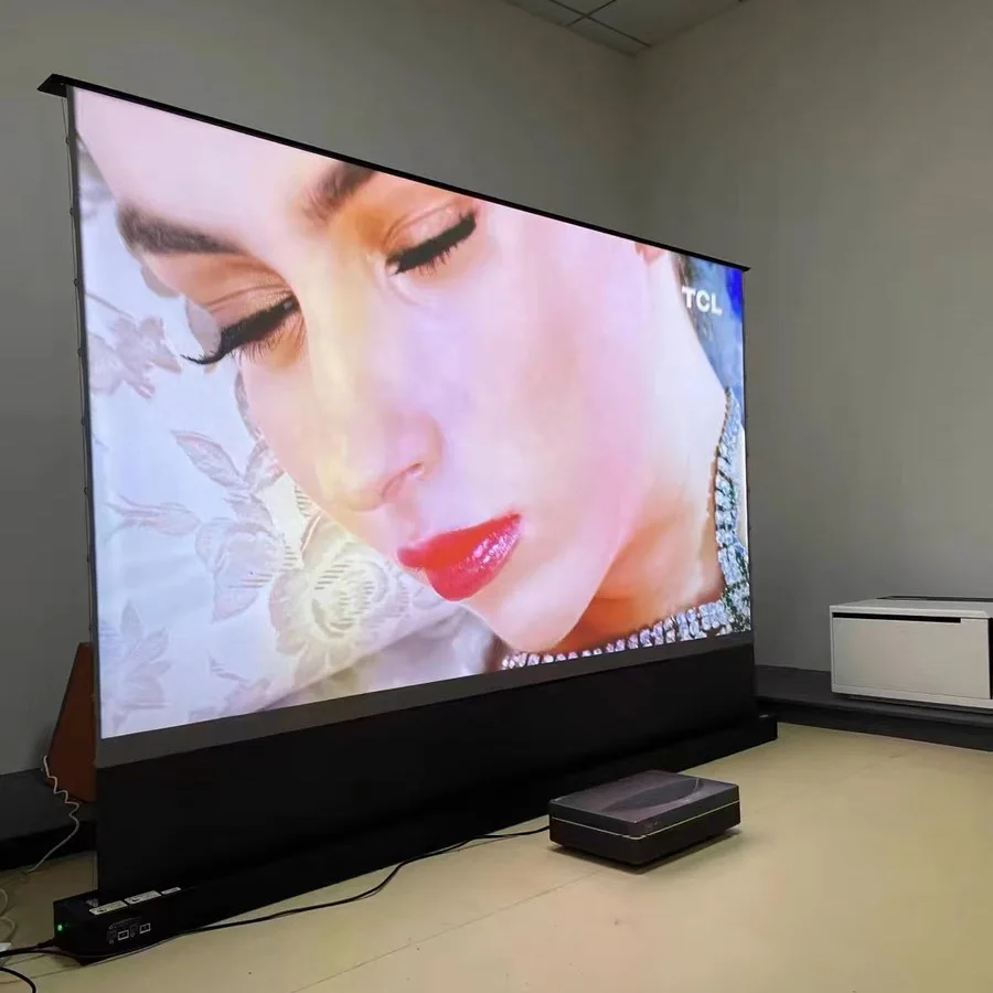 2024 Hot 150 Max Electric Tab Tension Floor Rising ALR Projector Screen Ambient Light Rejecting Motorized for UST Laser TV 3D 8K