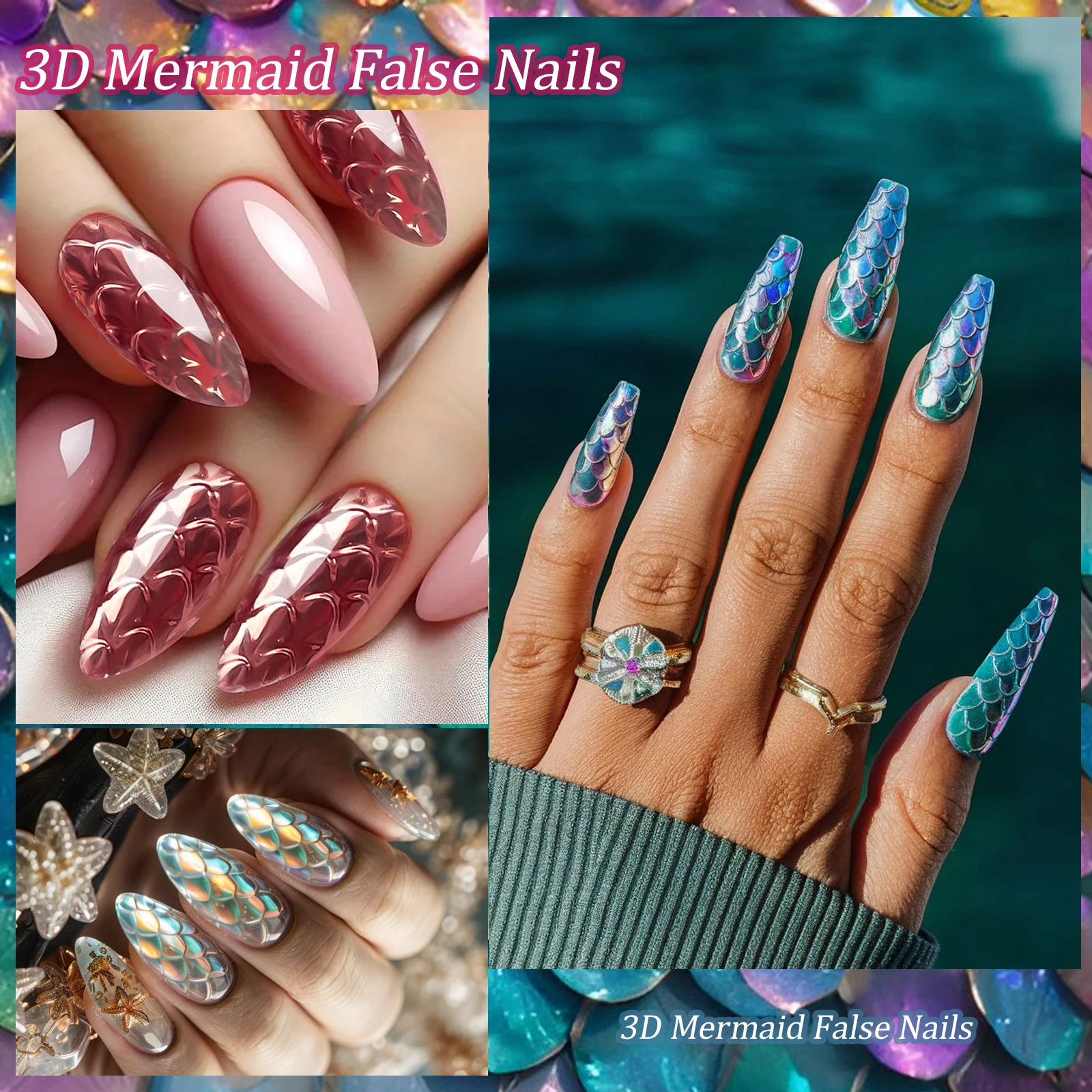 120pcs/box 3D Fish Scale Almond Ballet False Nails Acrylic Soft Full Cover Press On Nails DIY Nail Art Charm Extension Tools