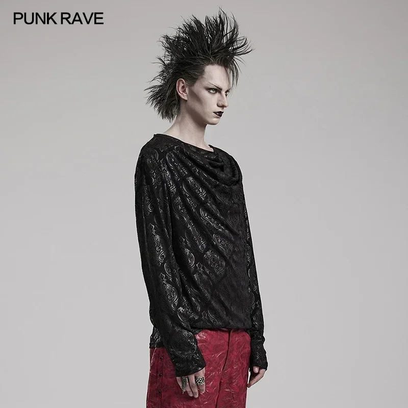 PUNK RAVE Men\'s Gothic Creative Piled Collar Simple T-shirt Dark Daily Wear Suitable Cool Casual Tops Streetwear Mens T Shirts