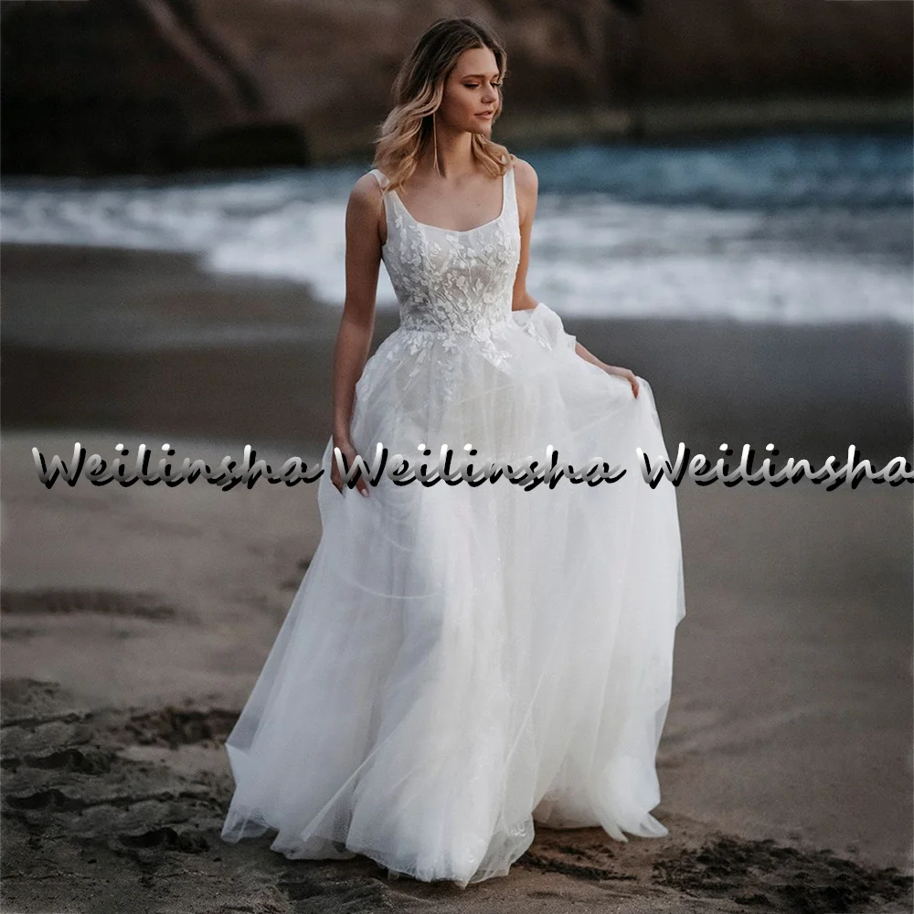 Weilinsha-Robes de mariée A-Line, Boho, Blanc, Tulle brillant, Quel que soit le dos nu, Appliques en dentelle, Mariée bohème, 2022