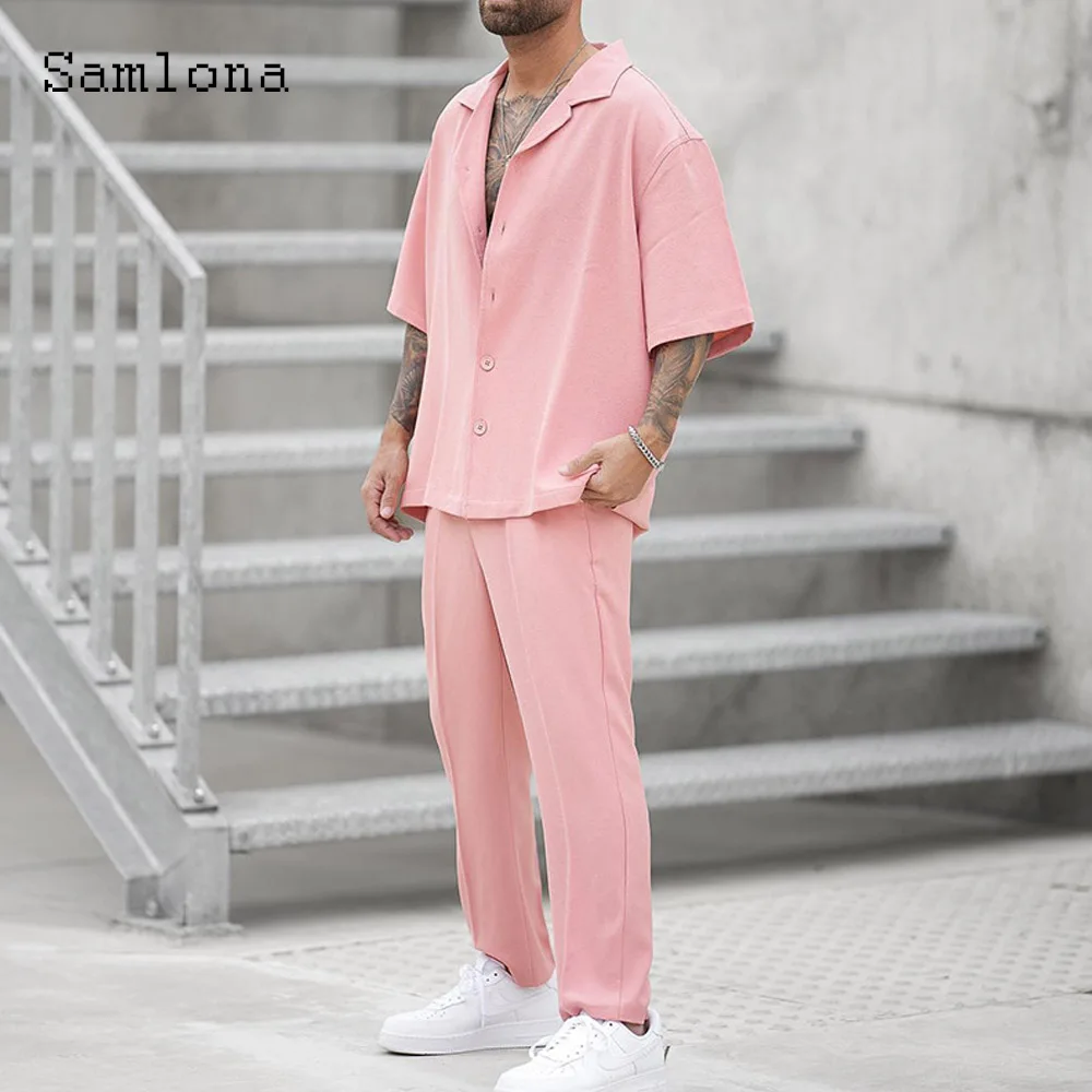 Samlona Plus Size Mens Casual Beach Tracksuit Sets 2024 European Style Two Piece Set Men Vintage Basic Tops and Solid Pants Suit