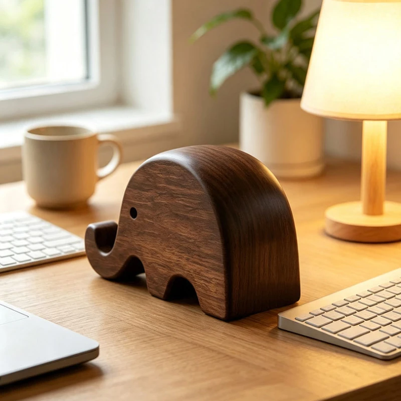 1PC Cute Elephant Solid Wood Phone Stand Desktop Lazy Holder Stable Non-slip Organizer Decorative Gift