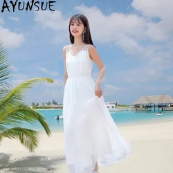 100%mulberry Real Silk White Long Dress For Women V-neck Elastic Waist Dress Women's Clothing Beach Dress Special Offer Vestido