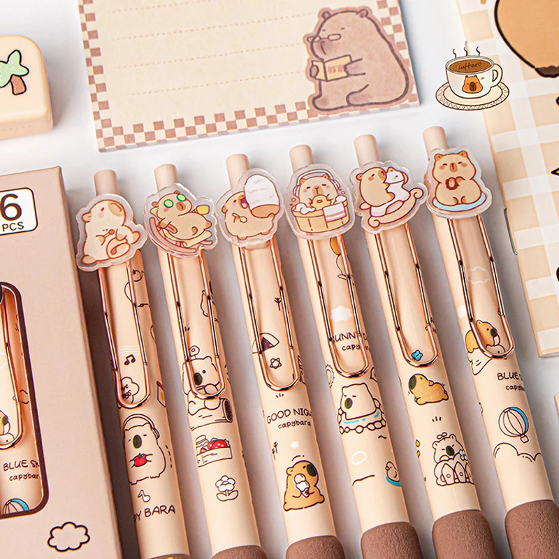 6 Stuks Schattige Kawaii Capybara Gel Pen Sneldrogend Schrijven Gladde Druk Neutrale Pennen Kantoorbenodigdheden Student Briefpapier Geschenken