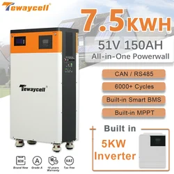 Tewaycell 7.5KWH 150AH All-in-One Lithium iron Phosphate Powerwall 51.2V Solar LiFePO4 Battery Pack Built-in 5KW Inverter NO TAX