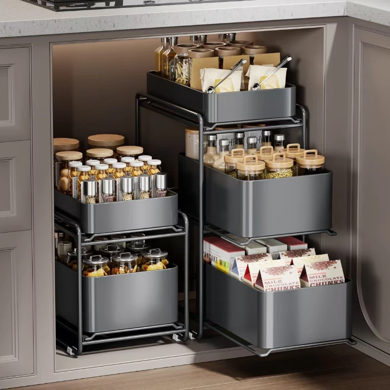 Kitchen Pull Basket Portable Cabinet Storage Rack Multi Layer Minimalist Metal Shelf Household Seasoning Bottle Storage Racks
