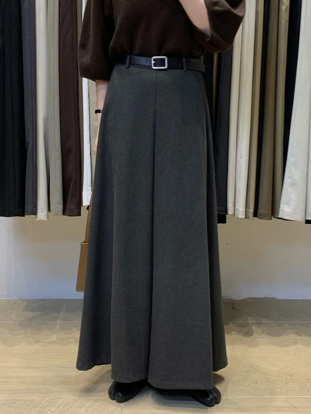 Women Elegant Thicken Warm Skirt For Spring Autumn Winter Slimming Big Swing Wide Leg Baggy Black Grey Long Skirts With Belt