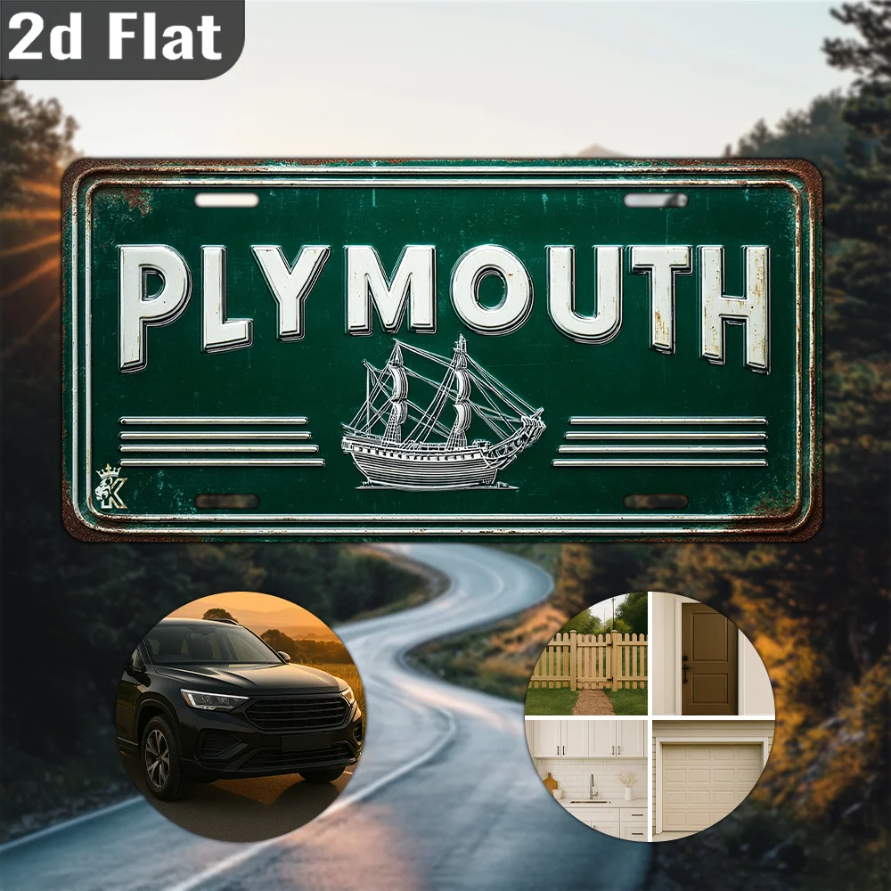 2D Flat - [Open ]2D Flat, 2D Flat, Vintage Plymouth Metal Sign - 2D Flat Wall Art with Nautical Ship Design, 11.9 inch X 6.0 inc