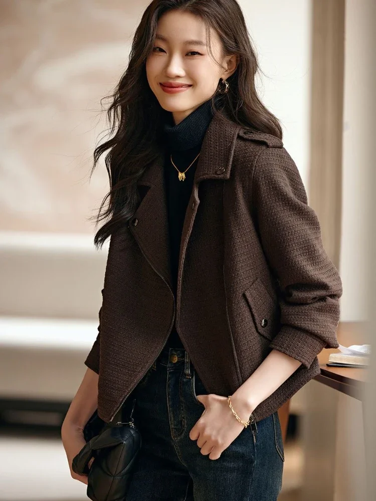 2024 Spring Women\'s Jacket Fashion Korean Slim Short Coat Pockets Turn-down Collar Zipper Solid Brown Jackets for Women