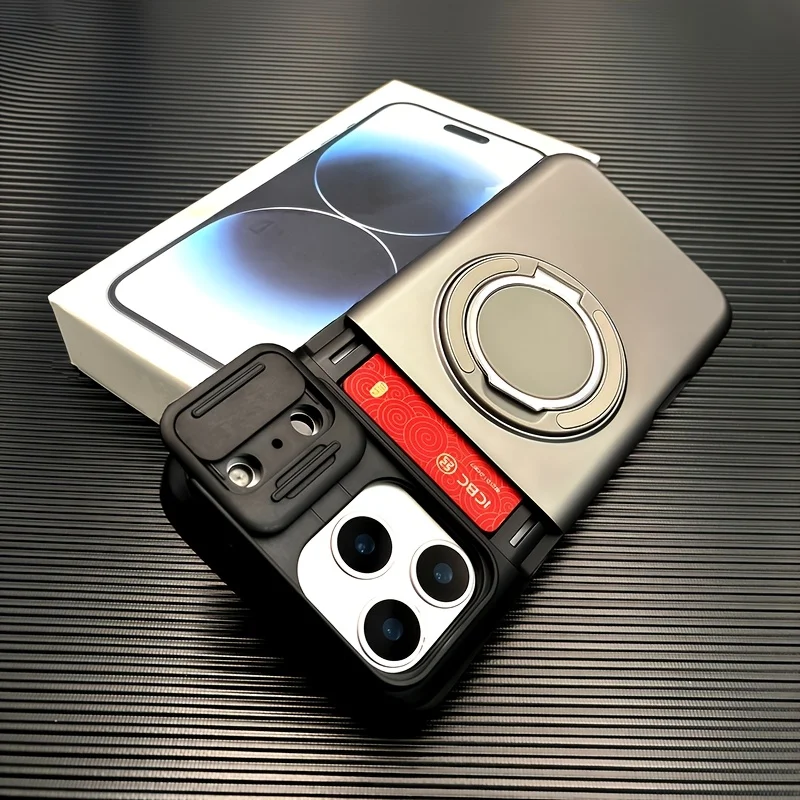Luxury Armored Sliding Lens Cover Phone Case  for Iphone 17 16 15 14 13Pro Max 360° Rotating Bracket Insert Card Package Design view 2