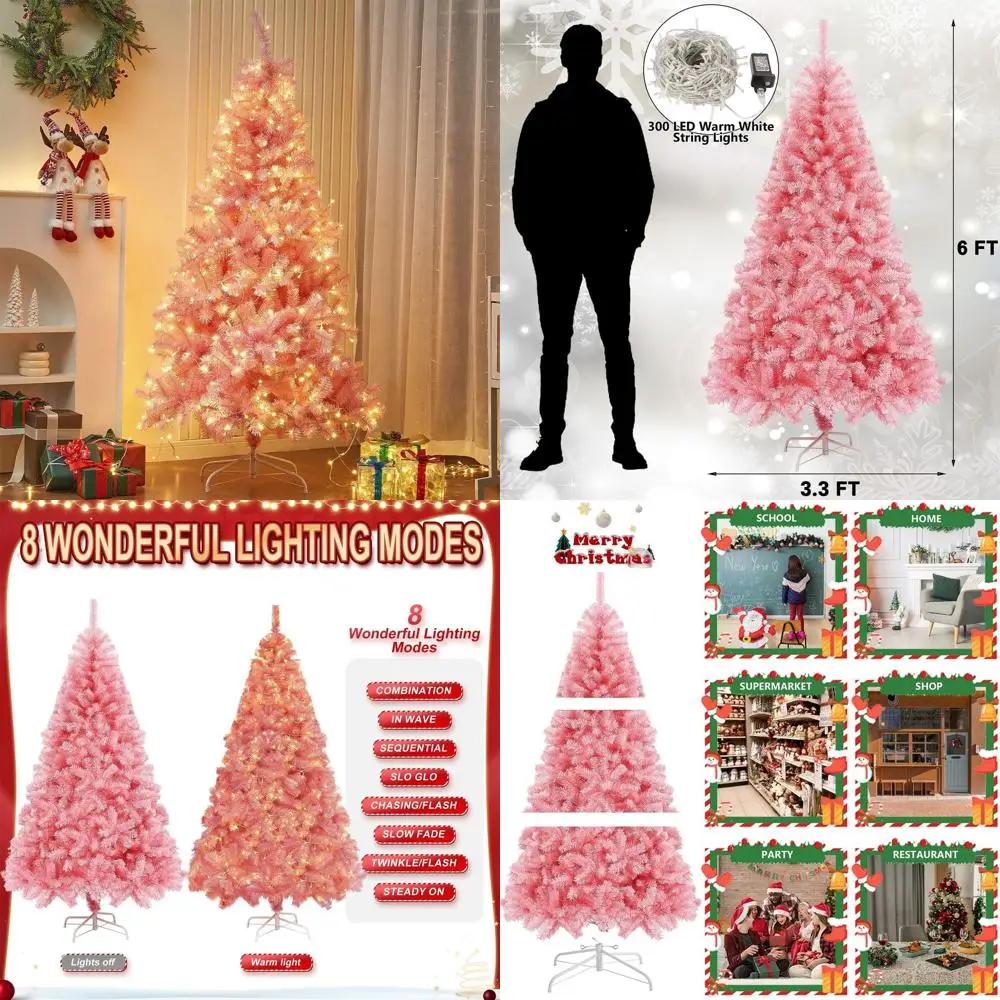 

Искусственная рождественская елка на петлях 6 футов со светодиодной подсветкой 300 теплых белых светодиодов, 8 режимов, розовая, 850 советов