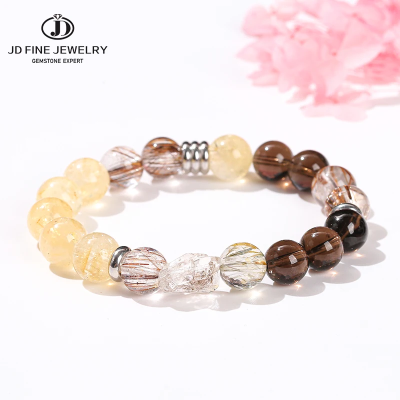 

JD Natural Rutilated Quartz Citrine Smoky Quartz Combined Strand Bracelets Women Men Wealth Lucky Crystal Energy Beaded Jewelry