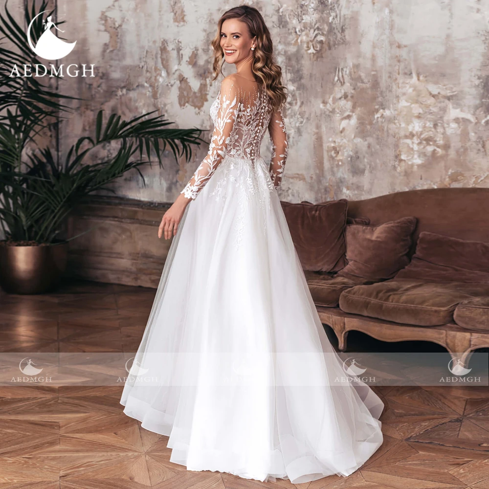 Aedmgh A-Line Elegant Wedding Dresses 2024 O-Neck Long Sleeve Vestido De Novia Lace Beaded Appliques Sweep Train Robe De Mariee