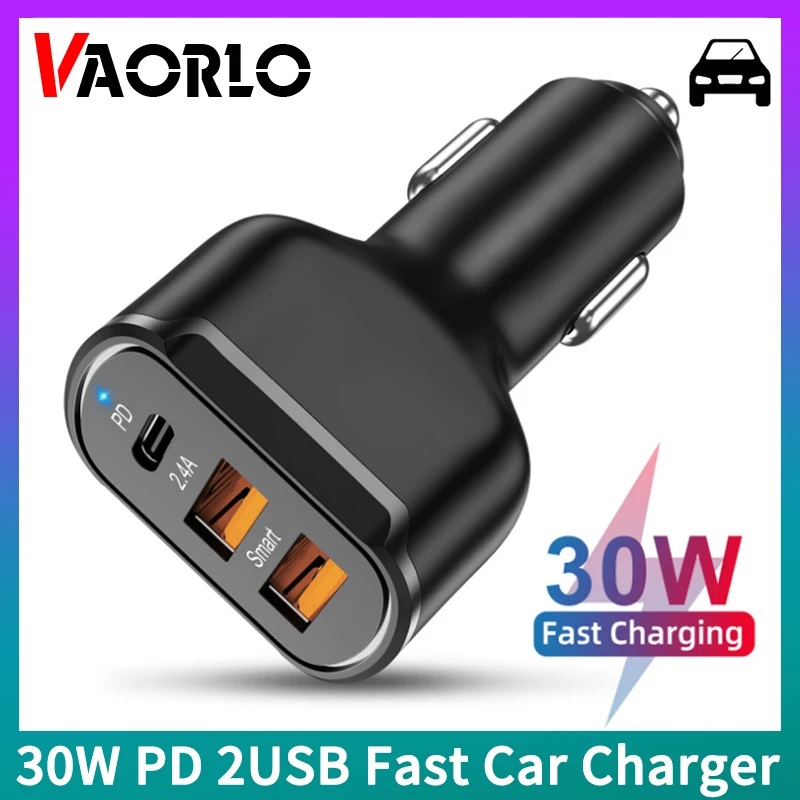 VAORLO Original 30W PD Fast Car Charger TypeC+Dual Port USB 2.4A Fast Charging 9V2A 12V1.5A For Car kit IOS Android Universal