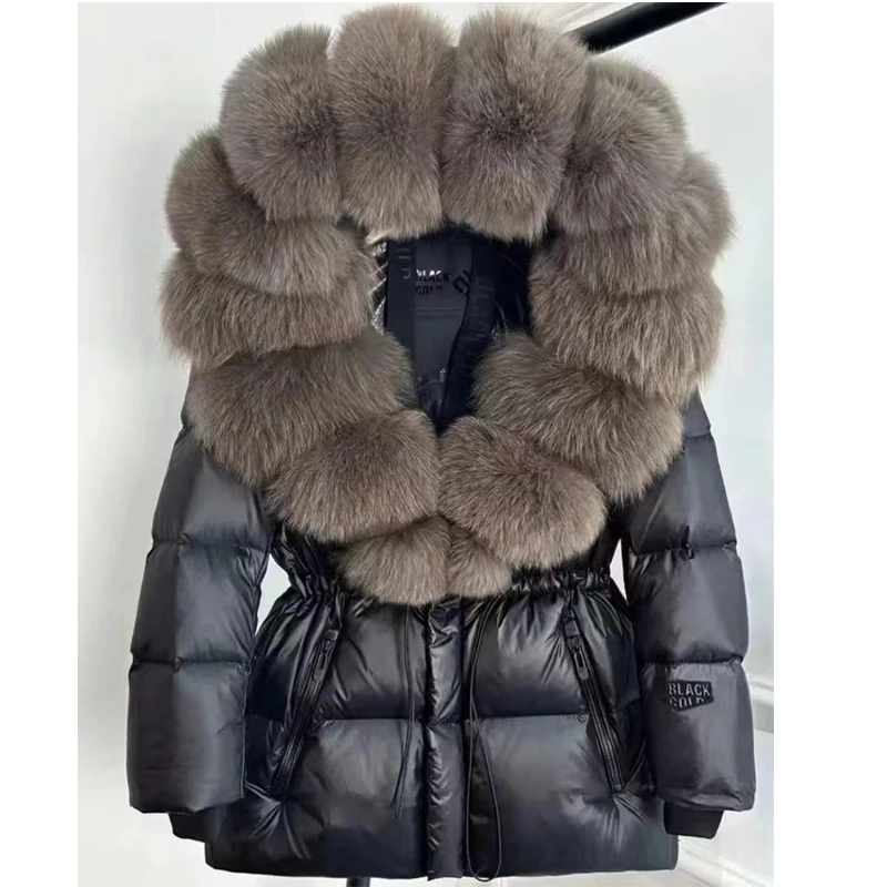 

l Fur Collar down Jaet Women's Mid-Length Thiened Coat with Hood Korean Sle Commute Wind White Du down Filling