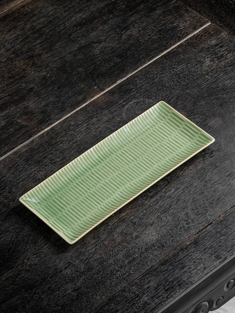 Green Glaze Bamboo Pattern Ceramic Tea Tray Rectangular Simple Home Use Dry Puffing Dish Japanese Style Tea Set Serving Plate