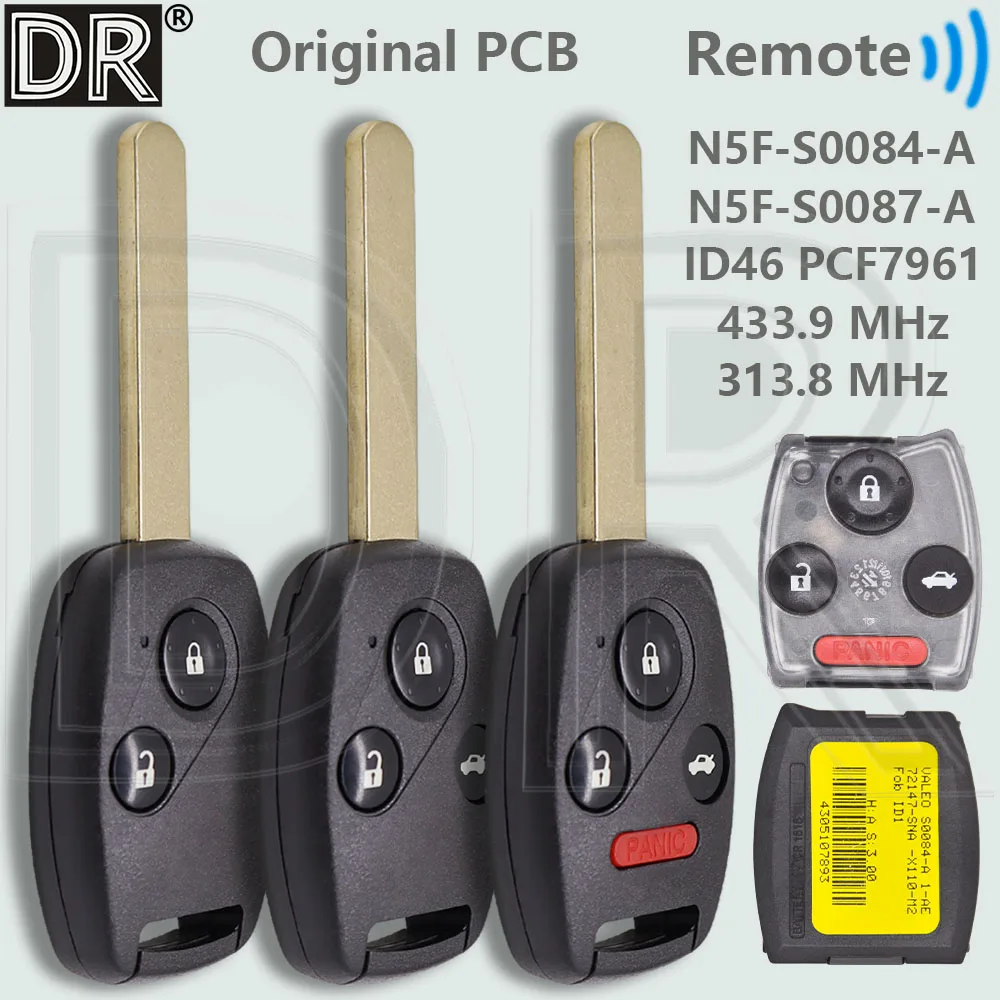 DR Original PCB/Inner S0084-A/S0087-A 313.8/433MHz ID46 PCF7961 Car Remote Key For Honda CIVIC EX SI CRV HRV Pilot 2008-2013