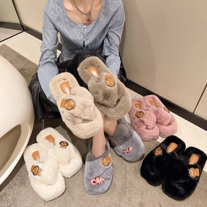 Winter Slippers Women Flip Flops Fashion Cross Fluffy Fur Slipper Home Slides Woman Buckle Thick Sole Flat Indoor Slippers