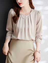 Solid blouse women pleated pearl chain decoration long puff sleeve o neck draped satin sapphire color female bouses office lady