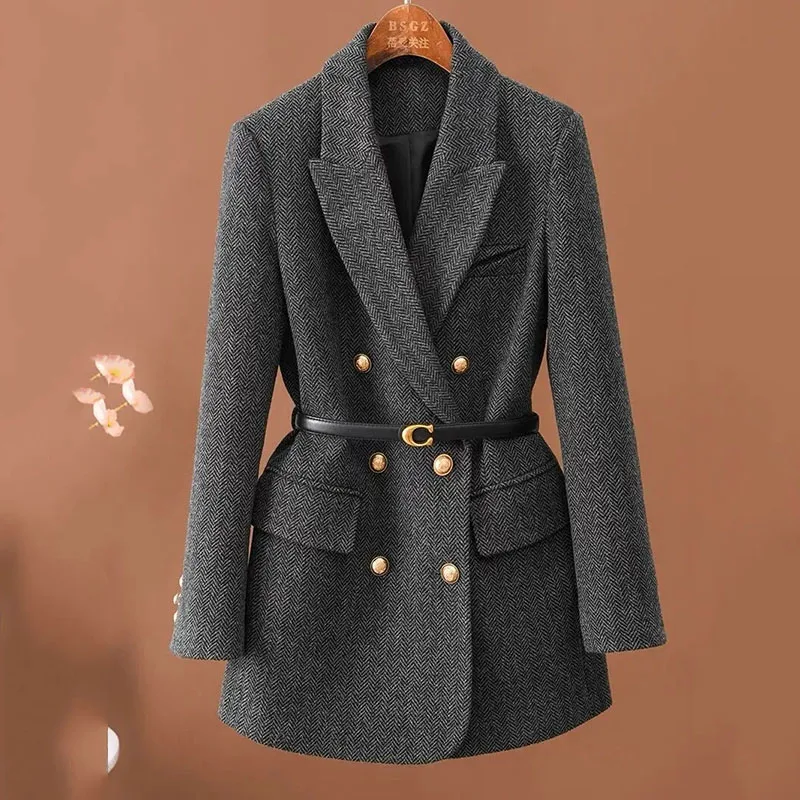 Comes With Belt A Vintage Wool Jacket For Women Autumn And Winter 2024 New Double-Breasted Temperament Female Long Sleeve Blazer