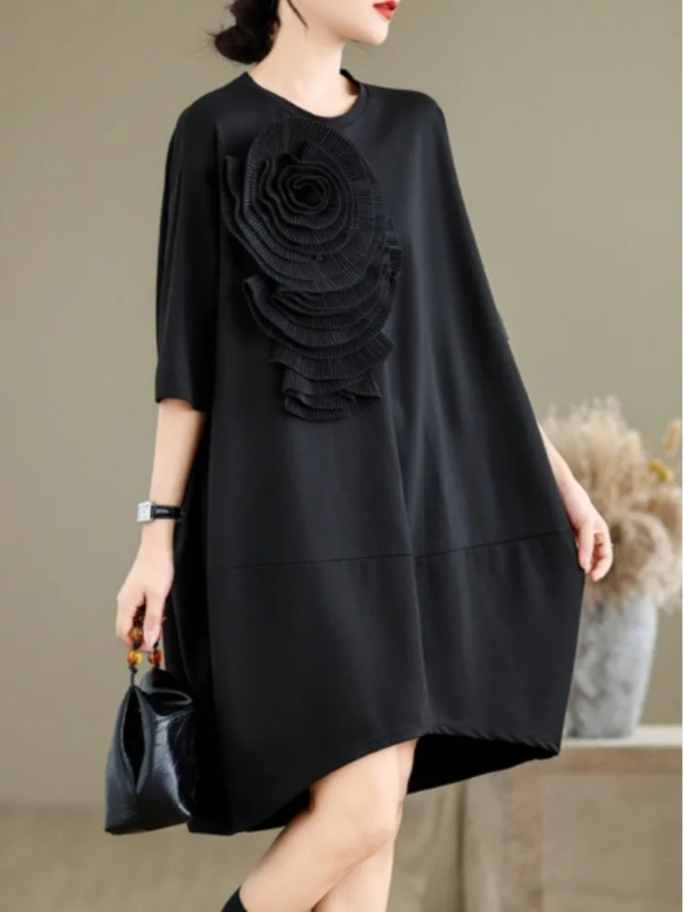 #3886 Black Asymmetrical T Shirt Dress Short Sleeve Women Loose Patchwork Flower Split Joint Streetwear Dress Ladies Summer