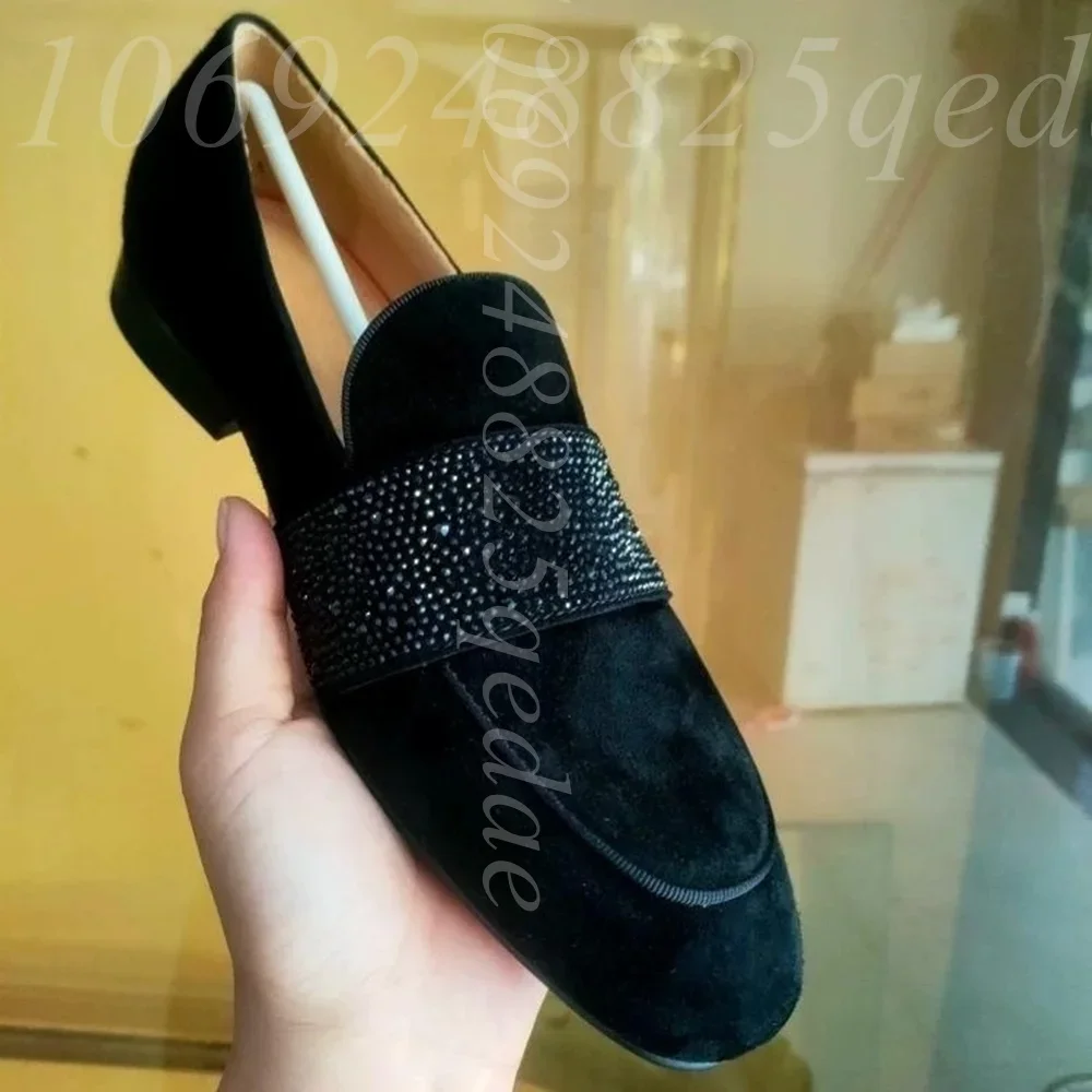 Women's Black Suede Texture Rhinestone Band Slip on Loafers Square Toe Low Heel Casual Dress Shoes with Sparkling Crystal Accent