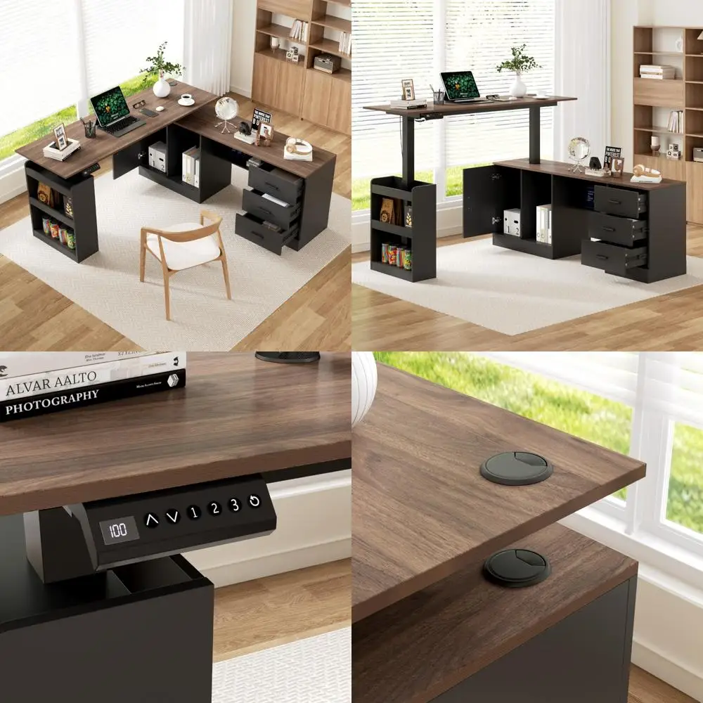 

63" w l-shape electric standing desk with storage, height adjustable corner computer desk with drawers & storage shelves for hom