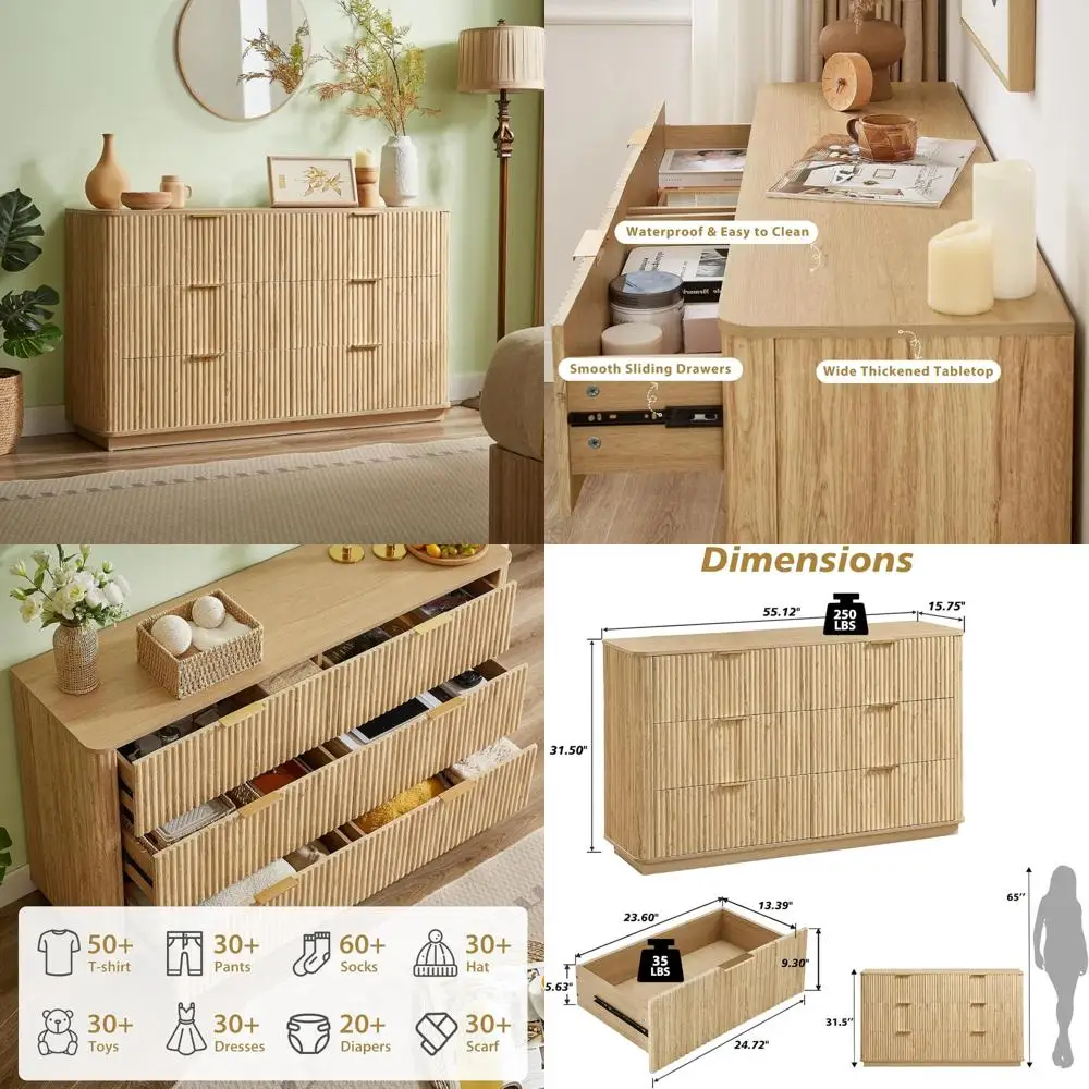 

Шкаф для хранения комода с 6 рифлеными ящиками, современный комод 55 дюймов, подставка для ТВ-консоли, органайзер с выдвижным ящиком для