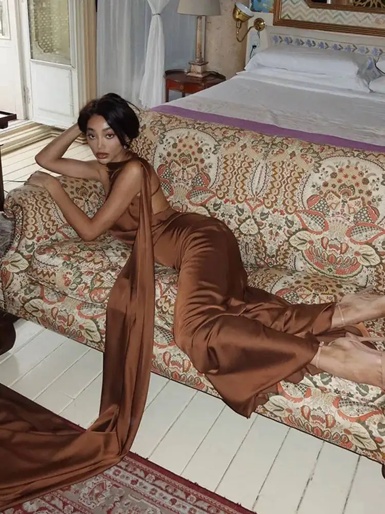 Elegant Women's Ribbon Long Satin Party Dress Halter Backless Sleeveless Female Dresses 2025 Summer Lady Solid Evening Gowns