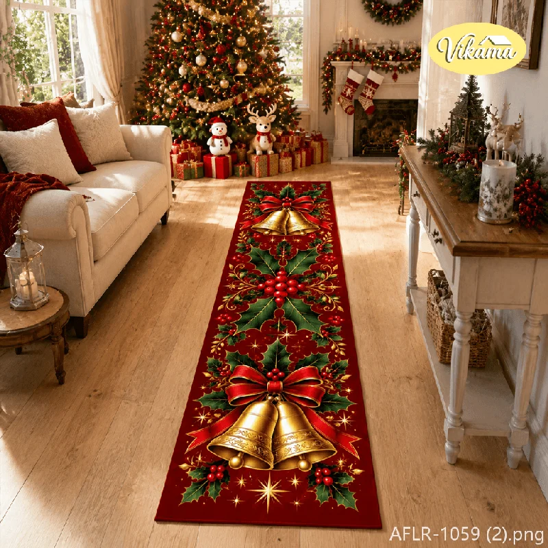 VIKAMA Christmas Gold Bell Rectangular Rug Soft Non-Slip Hallway Mat Xmas Decorative Carpet Holiday Home Decor Floor Runner