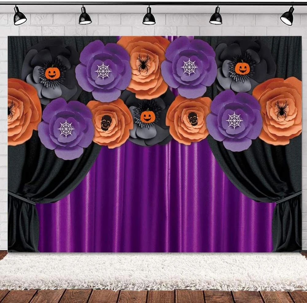 

Halloween Flower Photography Backdrop for Dress Up Birthday Party Banner Pumpkin Spider Decor Background Photo Booth