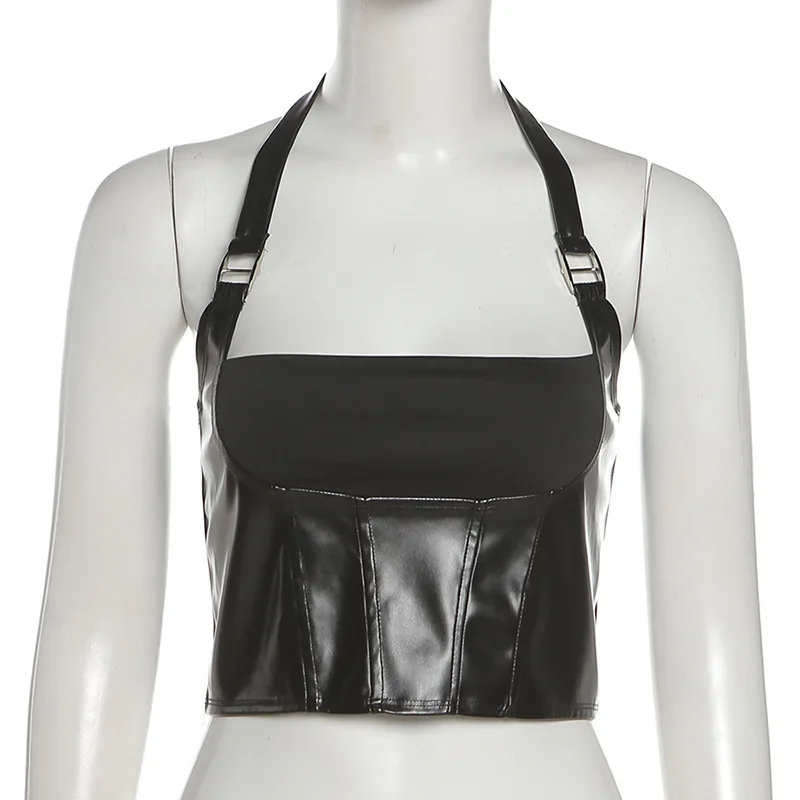 2021 herbst Mode-Trend frauen Kleidung Neue Stil Hängenden Hals Ausgesetzt Zurück Basis PU Leder Slim Fit Weste