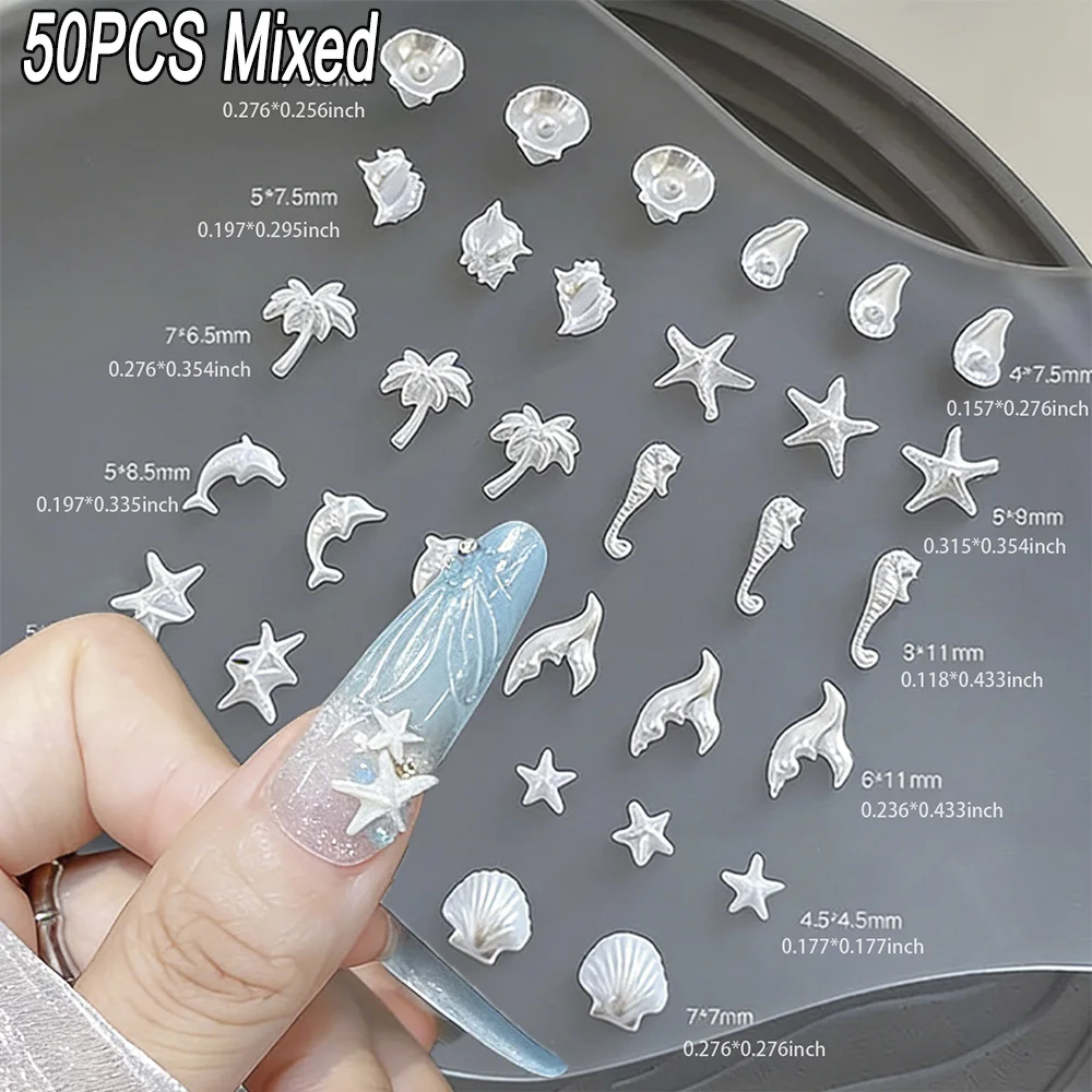 50PCS/Bag 3D Ocean Theme Nail Art Charms Mixed Resin Starfish Coconut Tree Seashell Conch Seahorse Nail Decorations Nail Supplie