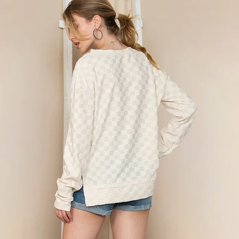 2024 New Women's Checkerboard Plaid Tops Simple Fashion O Neck Long Sleeve Pullovers Spring Autumn All-Match T-shirts NASY0019