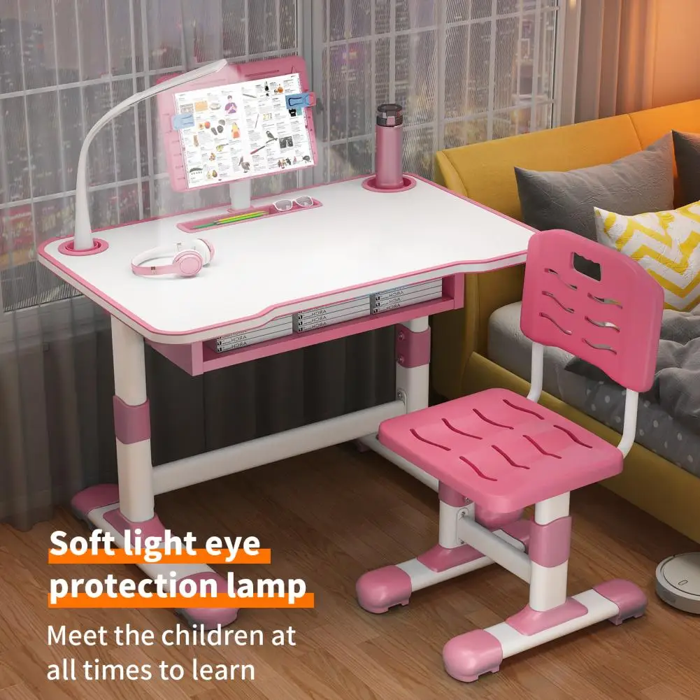Kids Study Table Chair Set, Height Adjustable Toddlers Writing Table with LED Desk Light, Bedroom Children Learning Table