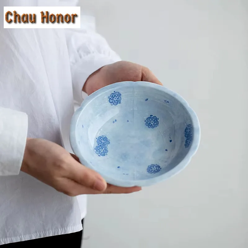 Pure Hand-painted Fog Blue Cherry Blossom Ceramic Pot Bearing Table Holder Household Tea Tray Kung Fu Tea Set Fruit Snack Plate