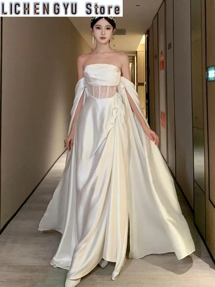 

New French Romantic White Wedding Dress Elegant Hollow Out Backless Evening Party Dresses Women Summer Off Shoulder Robe Mujers