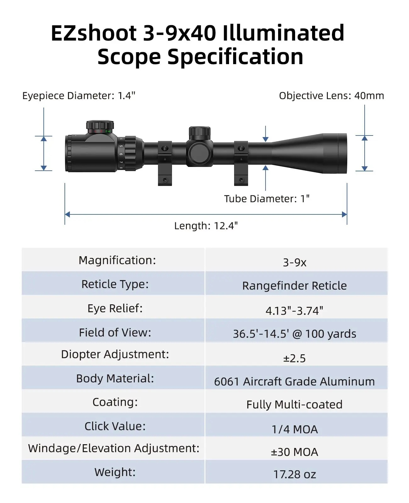 Ezshoot 3-9x40 alcance del rifle rojo verde iluminado riflescope mil-dot retícula óptica mira con soportes para riel de cola de doble cola de 11 mm